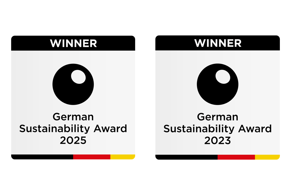 Two logos for "Deutscher Nachhaltigkeitspreis" with "Winner" text, one for 2025 and one for 2023, featuring a black circle and German flag colors.