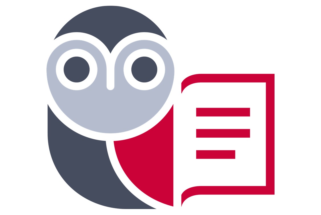 Stilisierte Eule mit großen Augen neben einem offenen rot-weißen Buch, das Weisheit und Wissen symbolisiert.