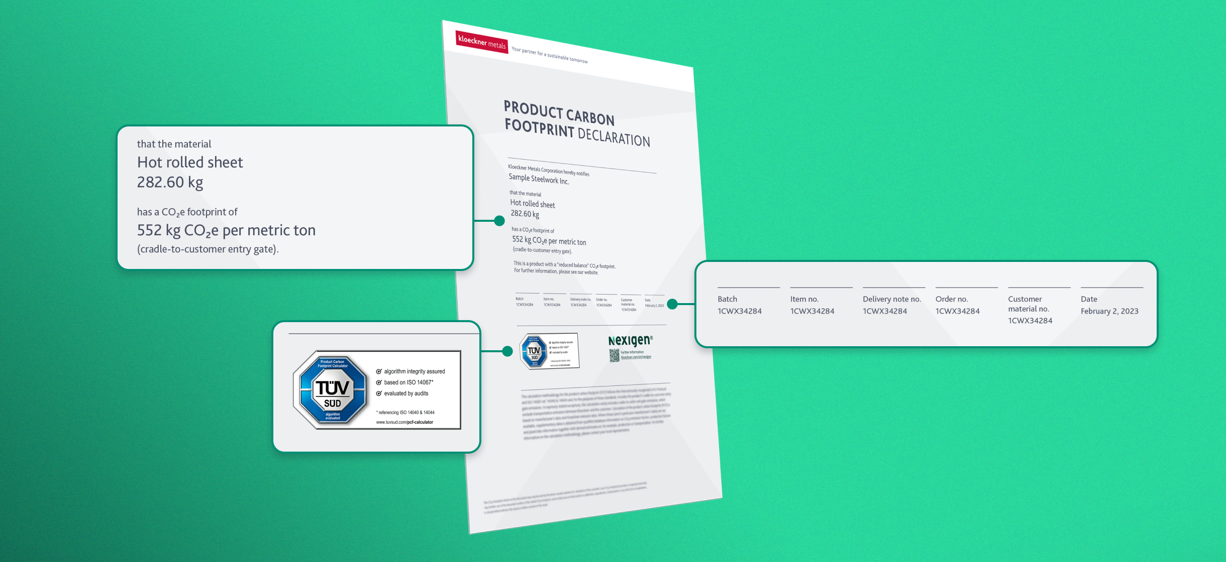 Ein Dokument mit dem Titel "Product Carbon Footprint Declaration" mit detaillierten Informationen zum Material und dem CO2e-Footprint (und weitere Informationen) sowie Zertifizierungslogos auf grünem Hintergrund.